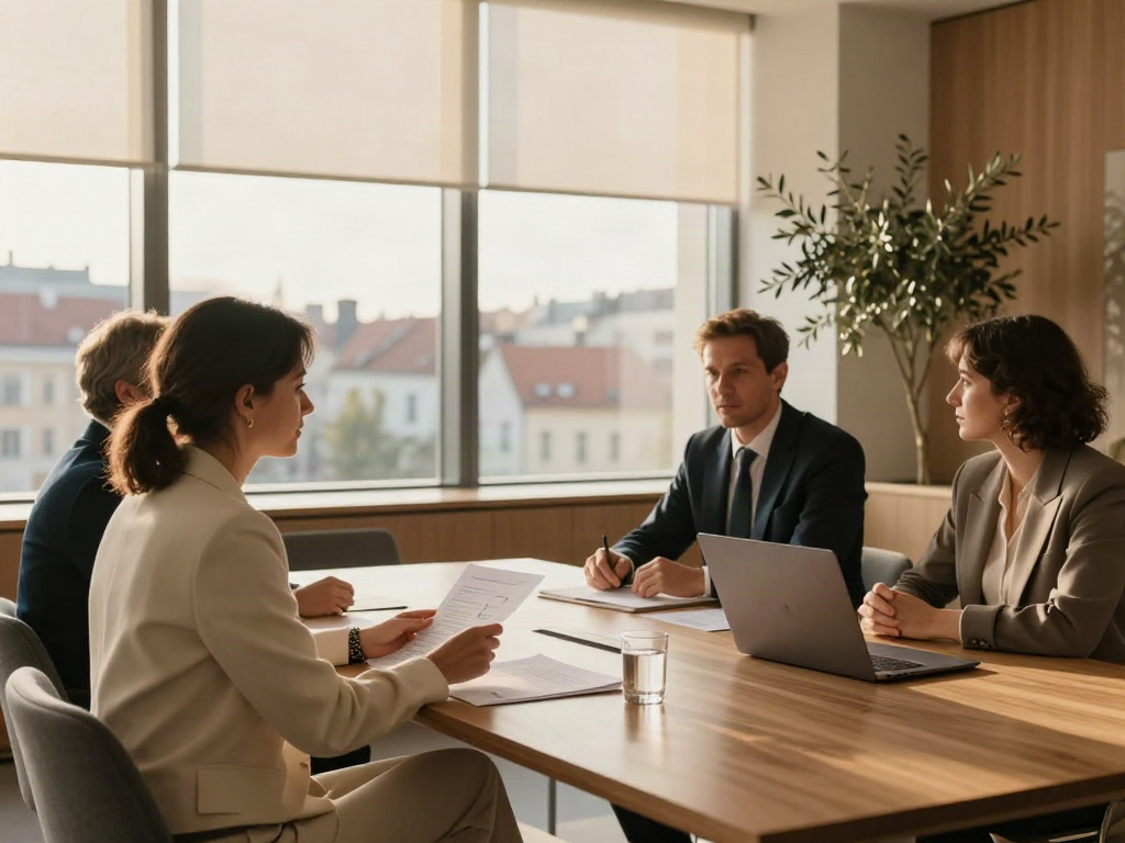 Business consultants discussing strategy around a sunlit boardroom table